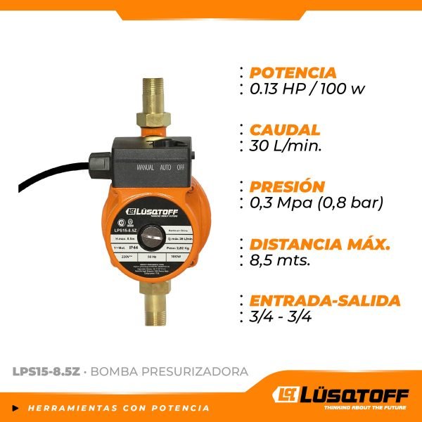 Bomba Presurizadora 0,13 Hp 100 W Lüsqtoff Lps15-8.5z Altura Máx 8.5 M. 220v - Image 2