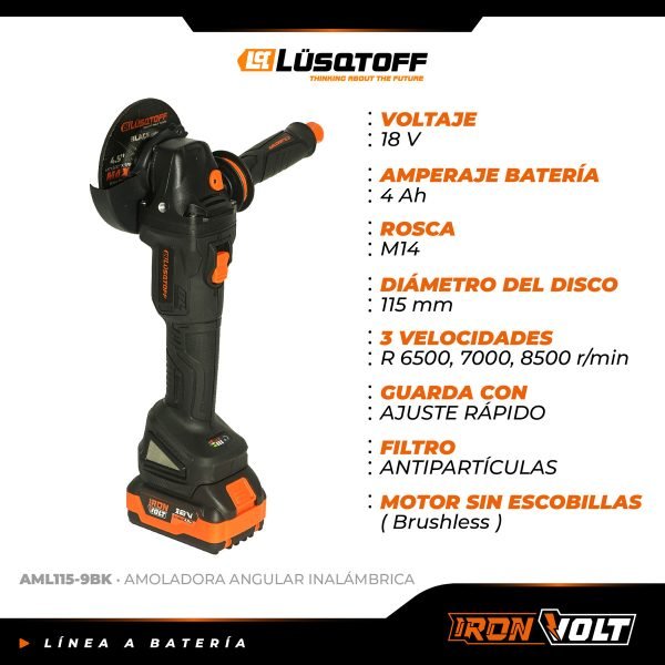 Amoladora Angular Inalámbrica Brushless Lüsqtoff Aml115-9bk 115 Mm 18 V 2 Baterías Cargador Black Series - Image 2