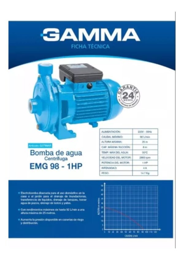 Bomba Centrífuga Monofásica Gamma Cp 100 1hp Azul 50hz 220v - Image 2
