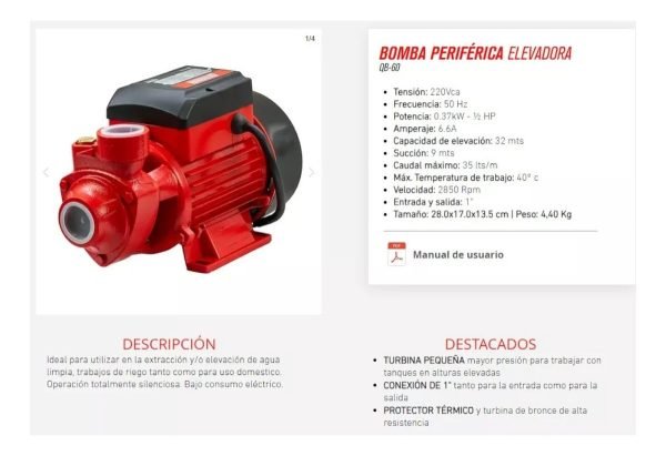 Bomba Periferica Elevadora Omaha Qb60 0.5hp 50hz 220v Color - Image 4